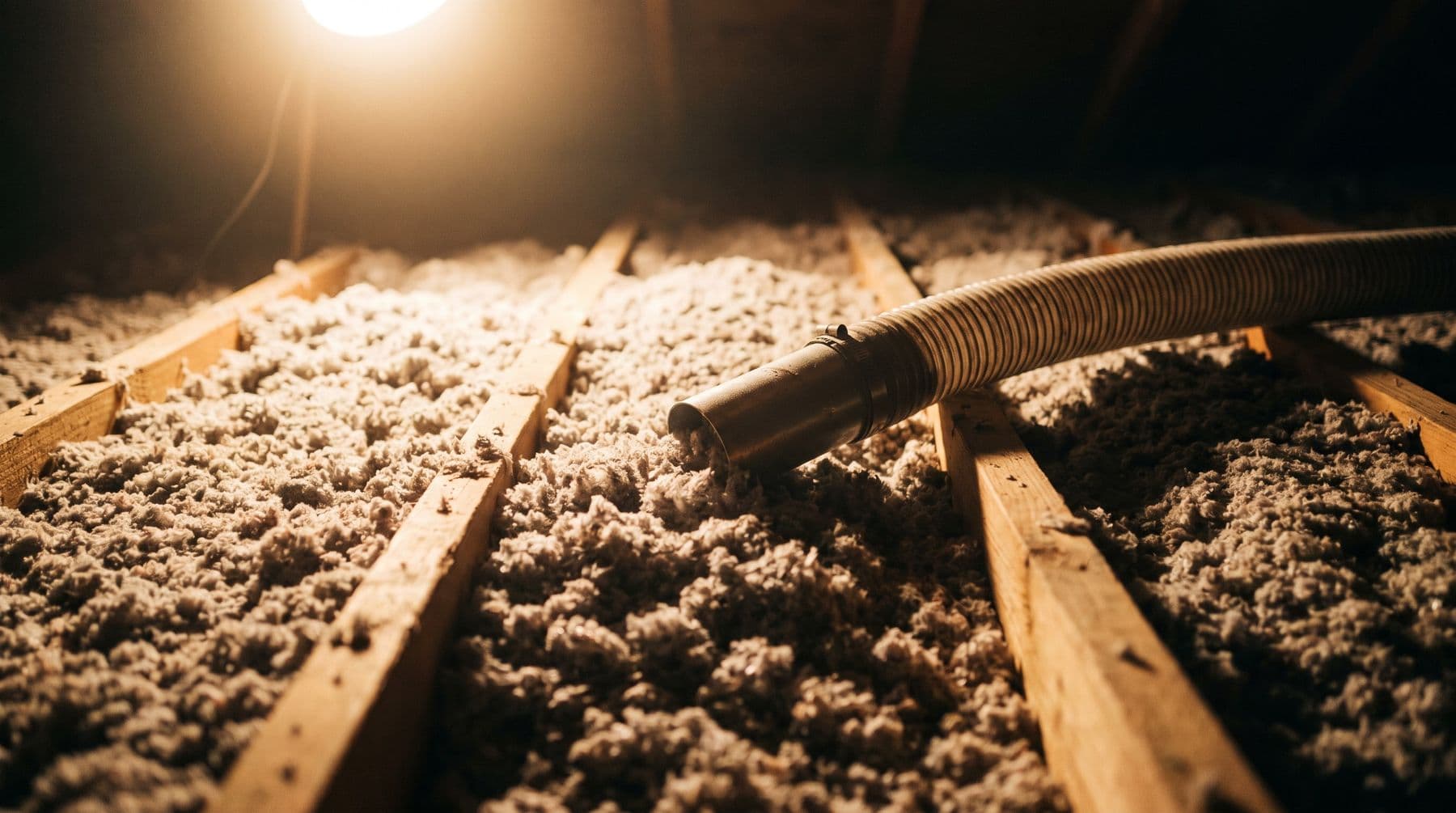 Freshly blown-in attic insulation between wooden joists